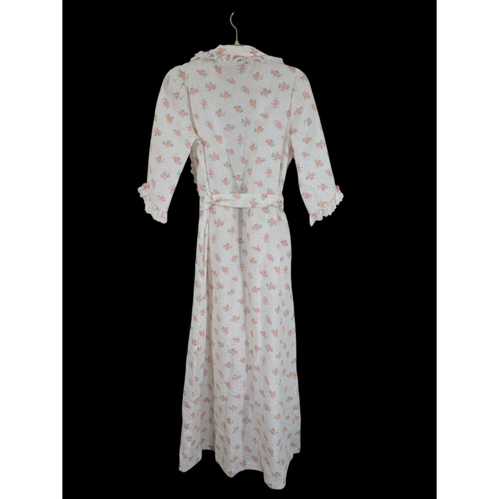 Vintage Miss Elaine Seersucker Robe Floral Ruffles Bows 3/4 Sleeve Union Made S - Picture 9 of 9